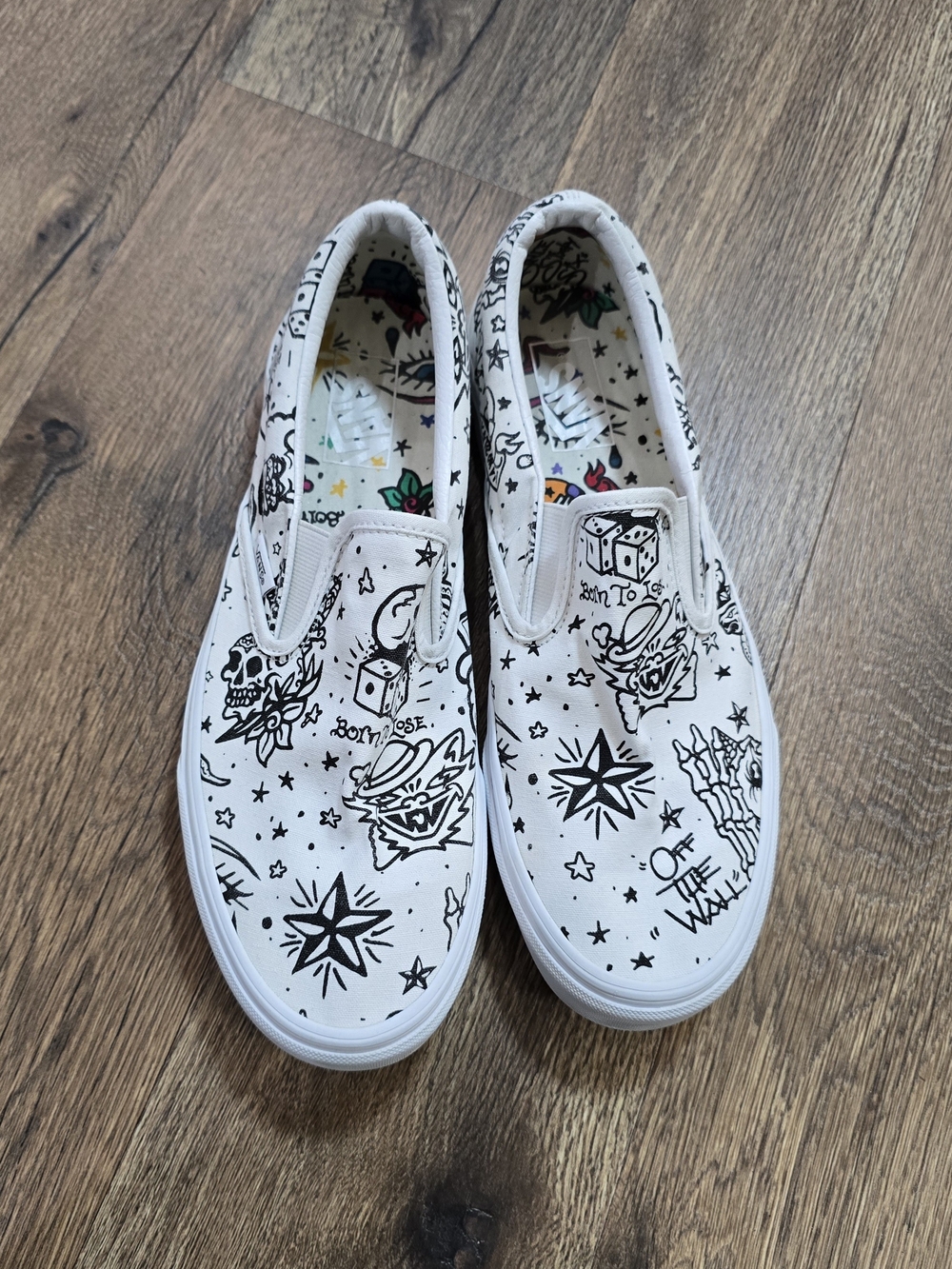 Vans UColor Tattoo White Slip-On Skate Shoes with Black Tattoo Print